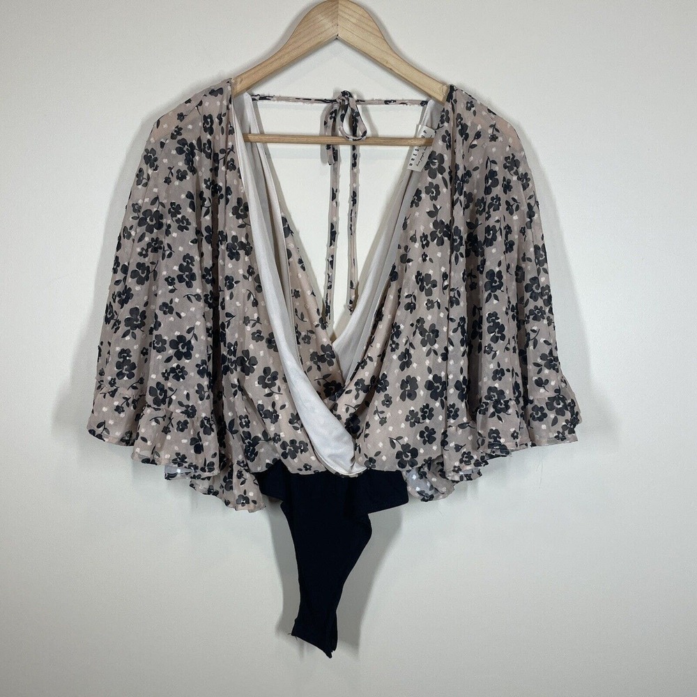 Dress Up Floral Swiss Dot Bodysuit Deep V Neck Batwing Sleeves Womens Size S